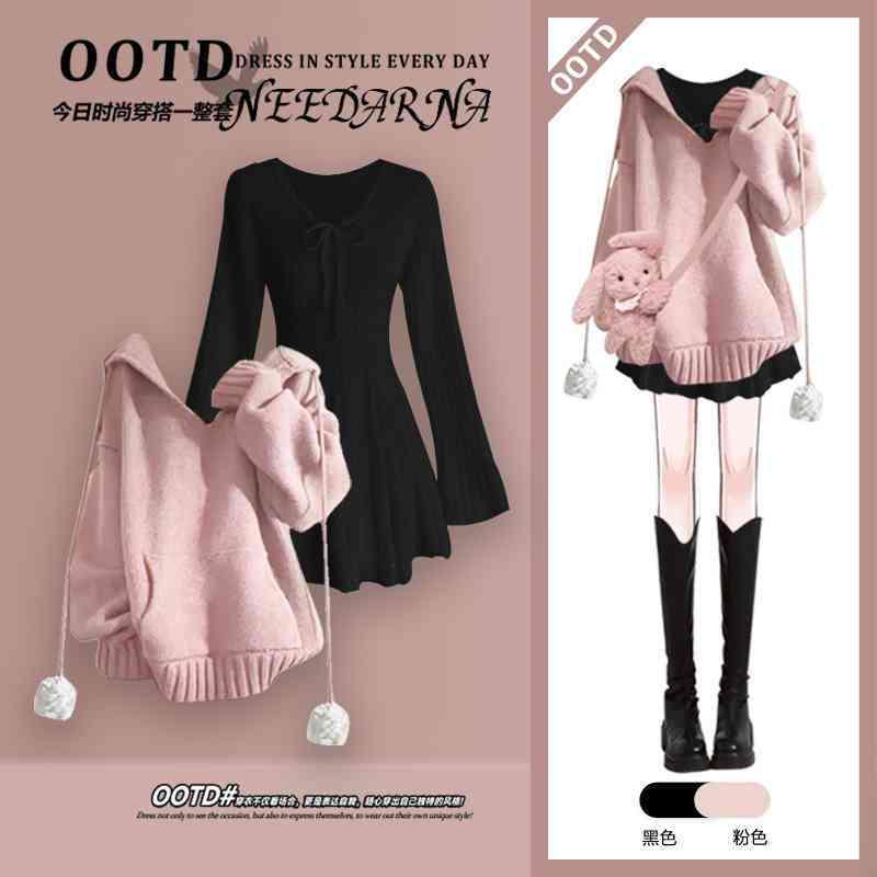 Product Introduction of Winter Set Women's 2024 New Gentle Knitwear Sweater with Pure Desire Style Dress Slim Two-Piece Set 1
