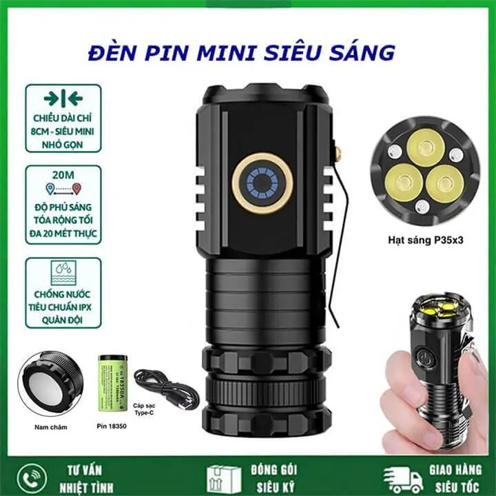 Đèn pin mini siêu nhỏ gọn, siêu sáng X-Balog 350X cường độ sáng 2000 lumen, cổng sạc Type C 0
