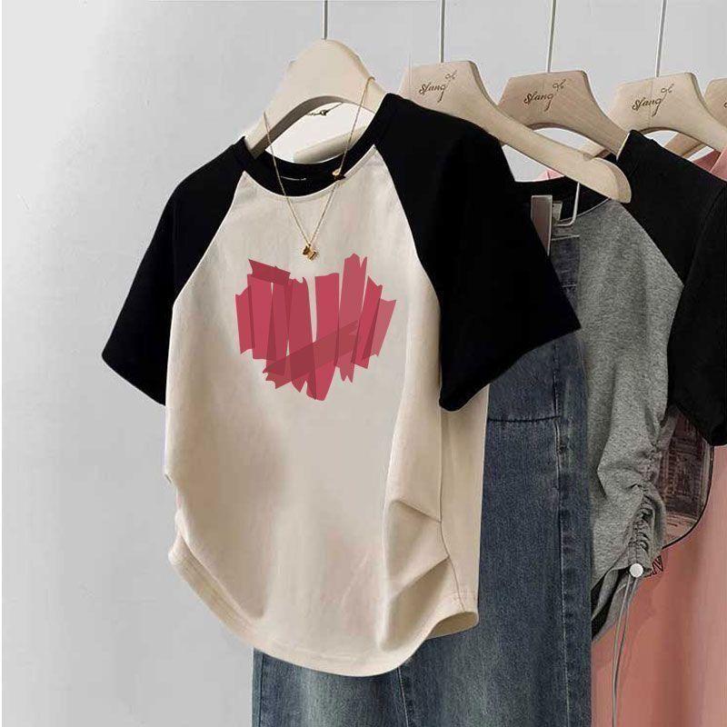 Áo Thun Ngắn Tay Raglan, Áo Ngắn Cổ Điển Mỹ Bất Đối Xứng Thiết Kế Dễ Phối Đồ Mùa Hè Dáng Ôm Xếp Ly Cho Nữ, 2024 Top Women Cổ Tròn 4