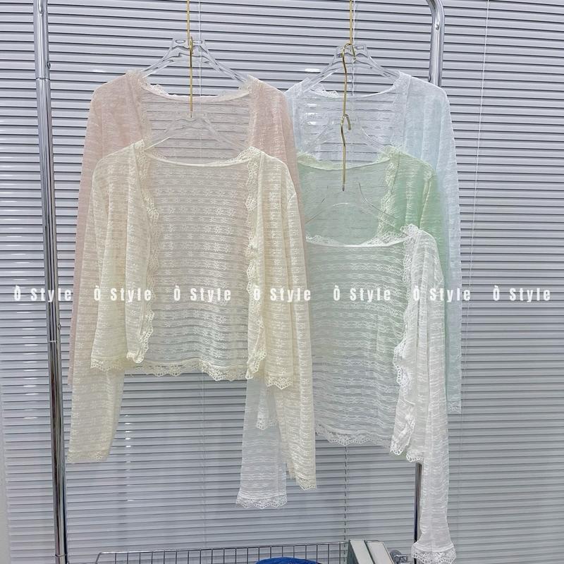 [AK010] Áo khoác ren mỏng hoa nhí một nút viền bèo Top Nữ Women Voan Shirt Xanh Lá Kem Hồng Sơ Mi Jacket