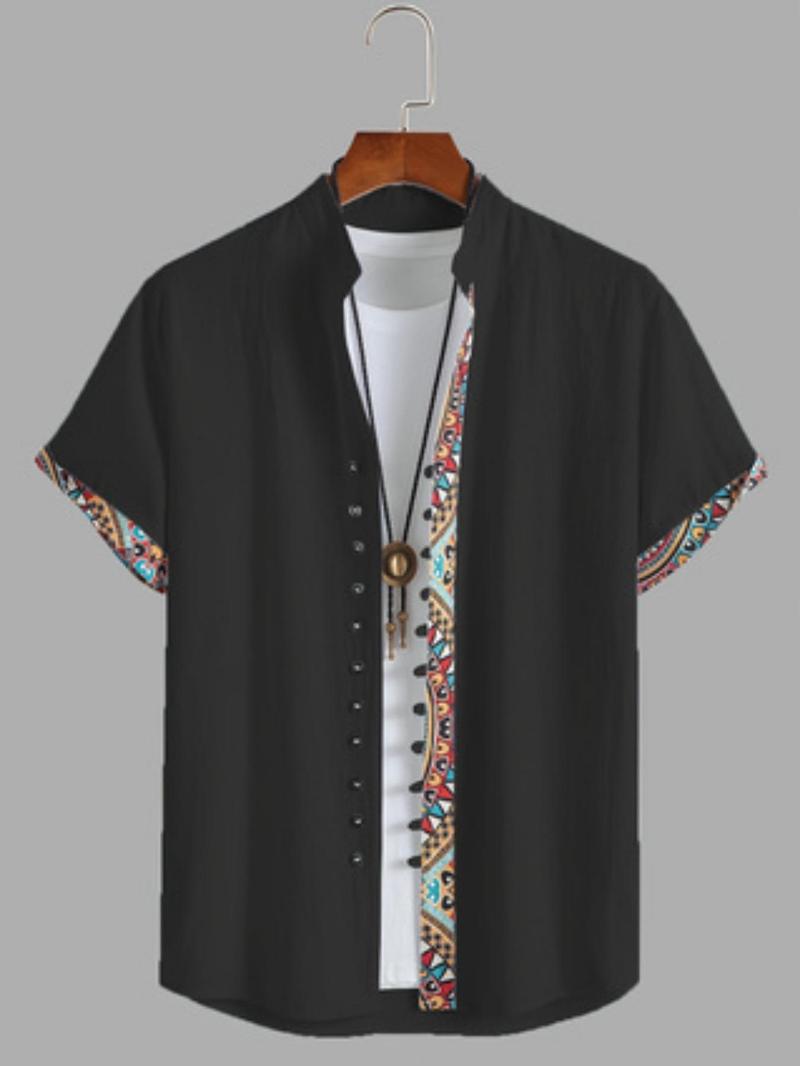 Product Introduction of Men's Contrast Trim Tribal Print Vintage Short Sleeve  Shirt, Regular Fit Casual Comfy Button Front Mock Neck Top for Summer, Fashion Men's Clothes for Daily Wear 7