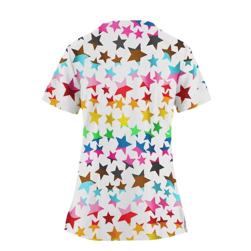 Product Introduction of Women Print Nurse Uniform Plus Size Summer Short Sleeve V-neck Tops Nursing Working Uniform T-shirts Clinic Protective Clothing 14