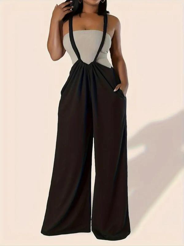 Women's Solid Color Ruched Tie Back Overalls, Casual Pocket Overalls for Summer, Women's Clothing for Daily Wear 4