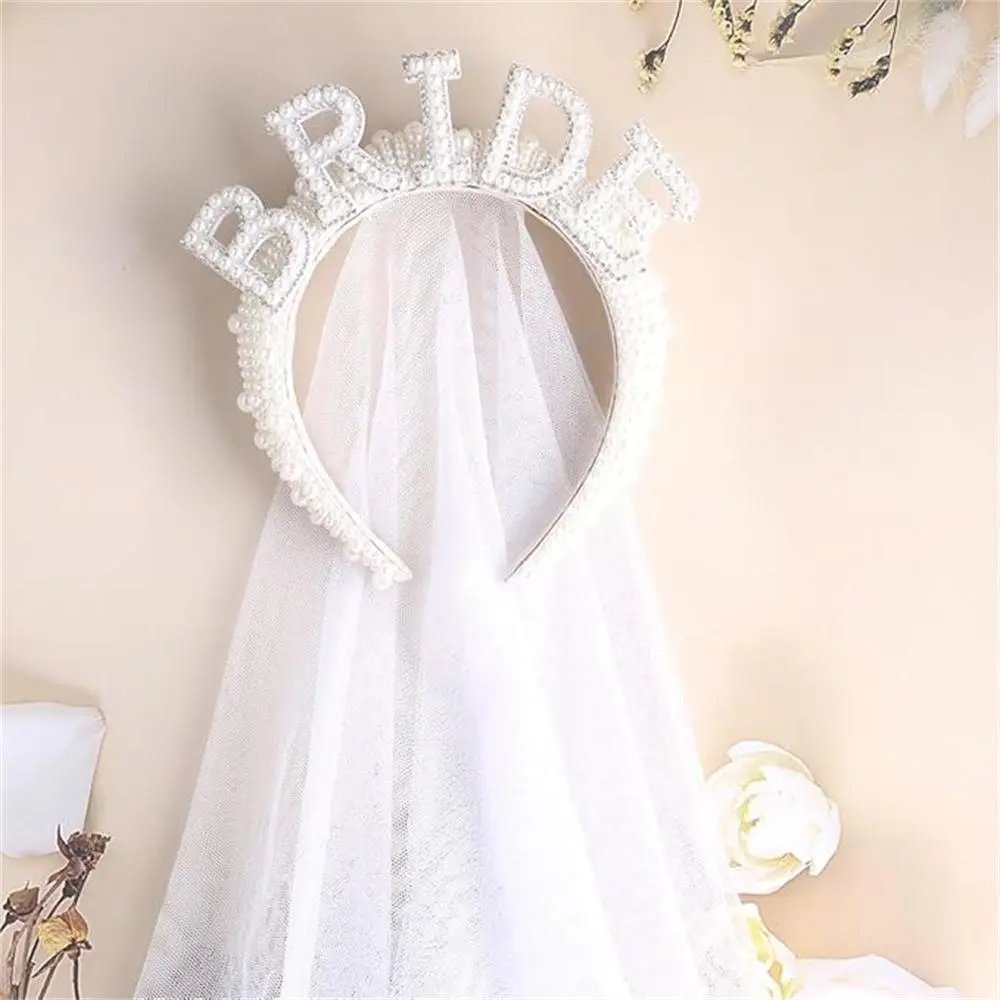 Bride Letter Design Headband, Faux Pearl Decorated Hair Band with Veil for Wedding Bridal Party, Wedding Bridal Party Decoration Supplies