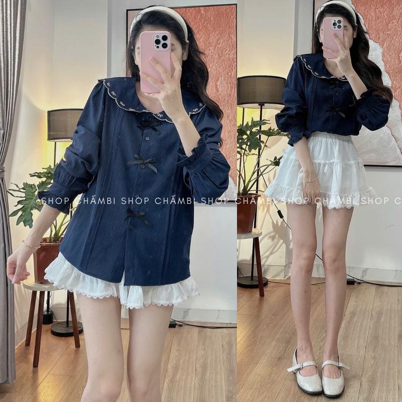 [XẢ HÀNG]Áo sơ mi nữ A.716, Áo sơ mi cổ sen viền thêu nơ phối tay bèo 3 nơ dọc cúc phong cách dễ thương - Shop Chấm Bi