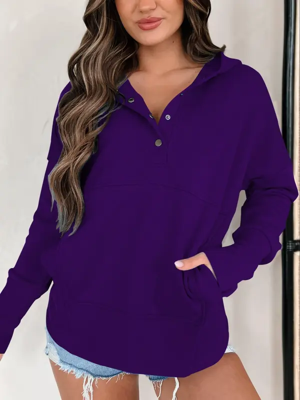 Women's Plain Pocket Button Drop Shoulder Hoodie, Casual Long Sleeve Hooded Pullover for Daily Wear, Ladies Clothes for All Seasons 2