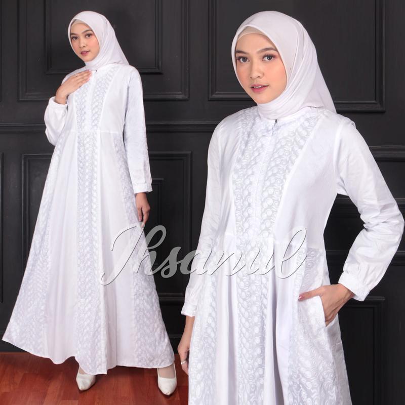 Gamis Katun Jepang Umroh Kombinasi Polos Model Pecah Cantik Model Terbaru Poliester Polos Bunga Hitam Putih Polka Dot bordir muslim  simple  Melar Tebal Wanita Panjang Nyaman Mewah Dalaman Kerudung Renda Kerah 1