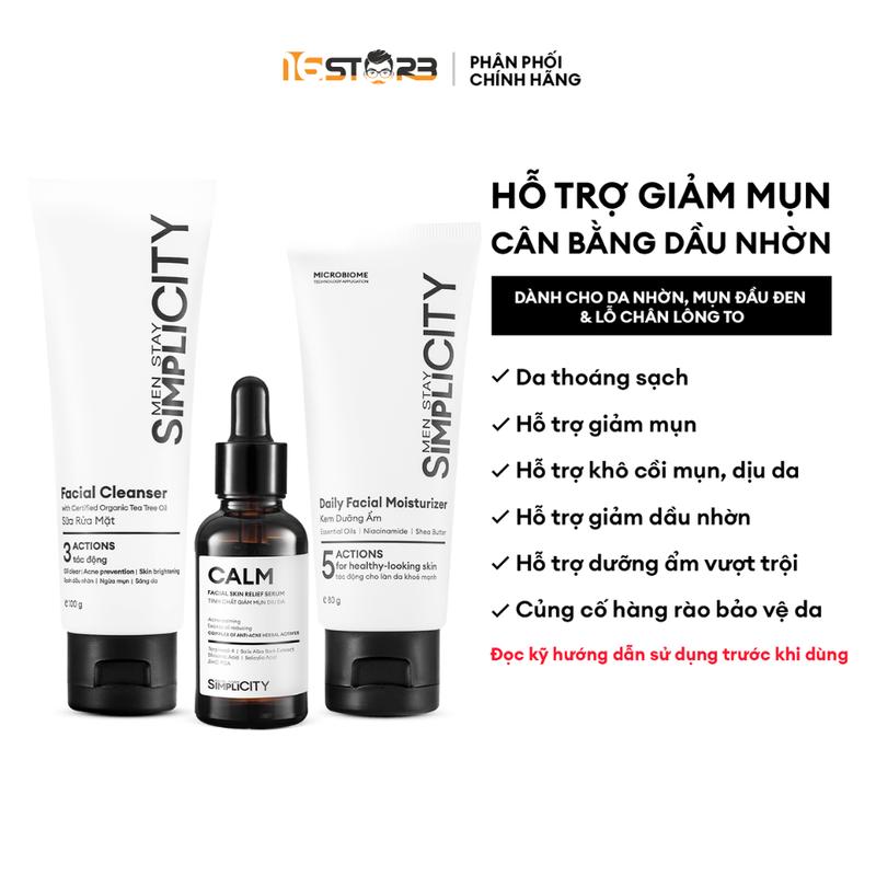 Bộ sản phẩm hỗ trợ chăm sóc da mụn nhẹ & vừa cho nam Men Stay Simplicity Acne Relief Skincare Trio gồm: Sữa rửa mặt 100g, Serum Calm 30ml & Kem dưỡng ẩm 80g