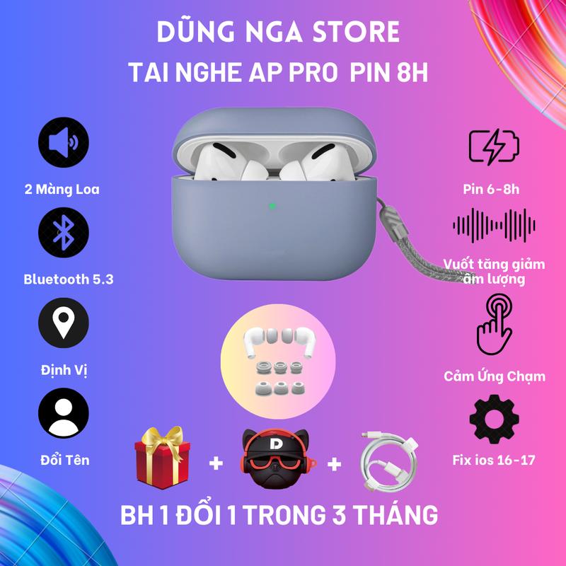Tai nghe Bluetooth AP-Pro PIN 8H, định vị, đổi tên, sạc không dây, cảm biến dừng nhạc, chập qua bài, bass căng, tainghe xuânsang Nhét Tai Nghe Nhạc tai nghe  iphone
