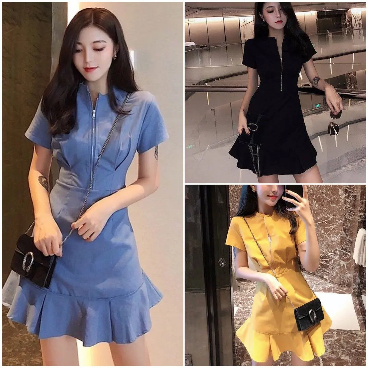Dress Women Korean Style Temperament Lazy Thin Ruffled Waist Hepburn Little Black Skirt Zipper Skirts for Women Clothes