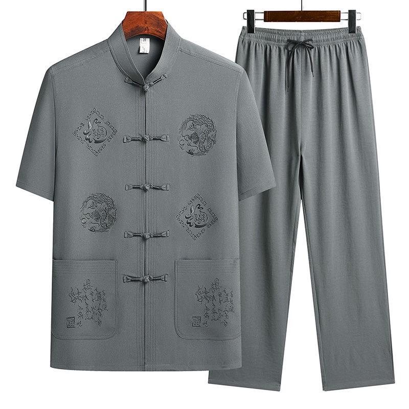 Đồ bộ nam trung niên cho bố, bộ quần áo cổ tàu cộc tay sang trọng, trang phục thời đường Menswear Đầm Ghi set