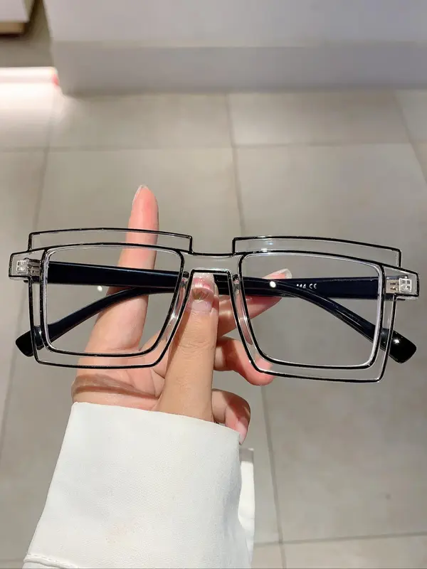 Unisex Simple Style Eyeglasses with Geometric Square Frame & Fashion Line Design, Casual Trendy Eyeglasses for Everyday Use, Fashion Eyeglasses for Outdoor Activities 3