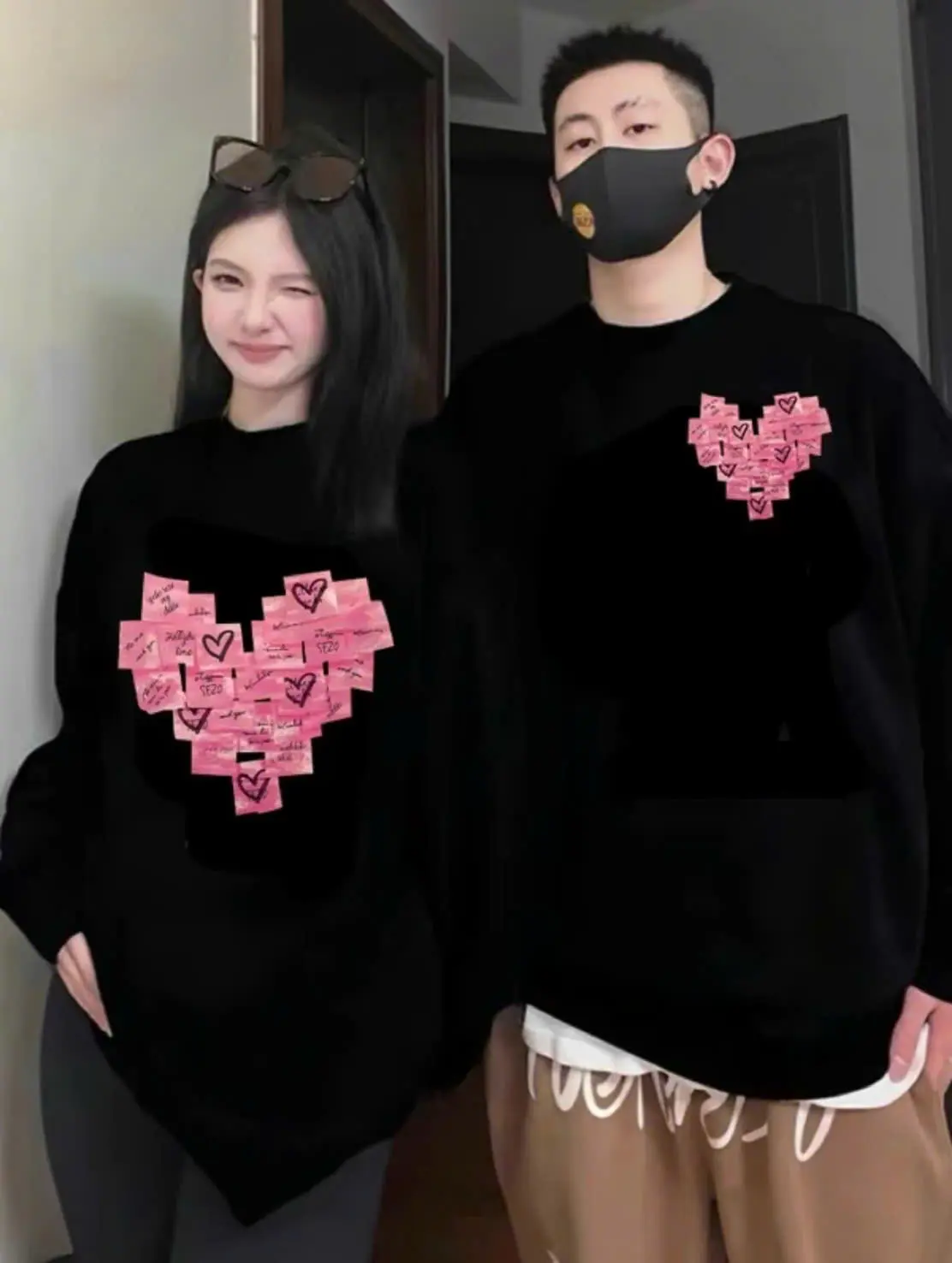 Áo đôi nỉ bông sweater hình trái tim đôi in 5D form rộng phong cách Hàn Quốc