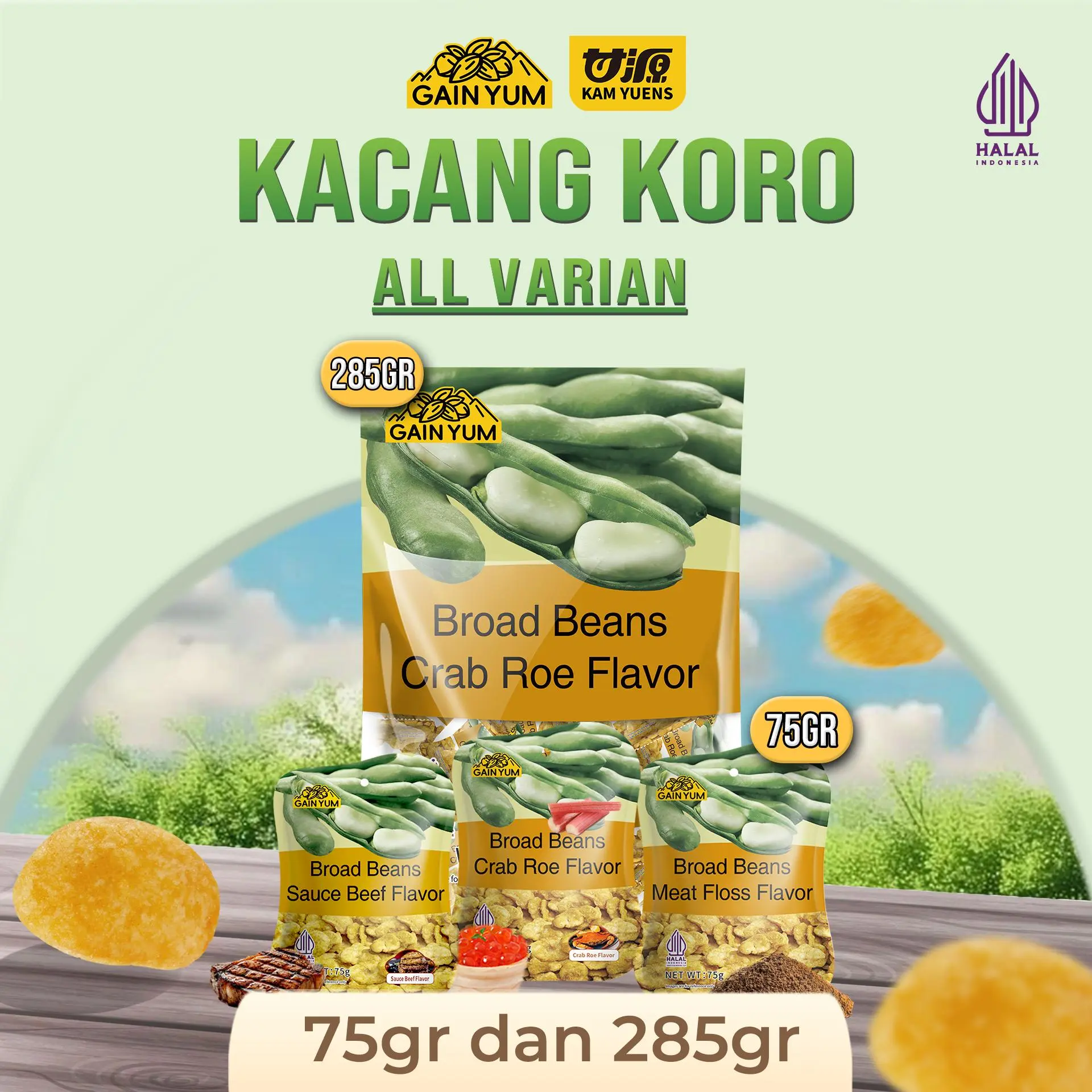 [ ALL VARIAN ] Gain Yum - Kacang Koro Rasa Abon Sapi, Telur Kepiting, Sapi ( 75 Gr dan 285 Gr )