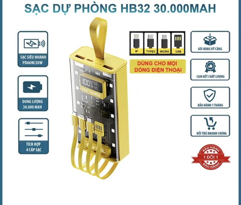 (TẶNG CÁP SẠC USB) Sạc Dự Phòng HB32 30.000MAH, Thiết Kế Trong Suốt, Tích Hợp Đèn Led Phụ Kiện Phụ Kiện