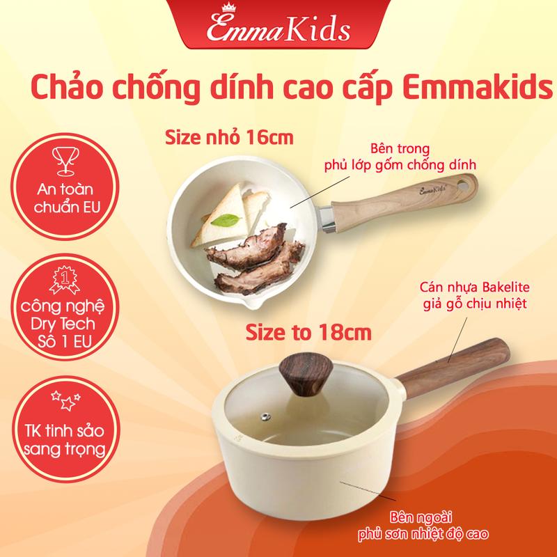 Chảo Chống Dính Cao Cấp Emmakids, Nồi- Chảo Đa Năng Gốm Chống Dính Có Nắp Đậy