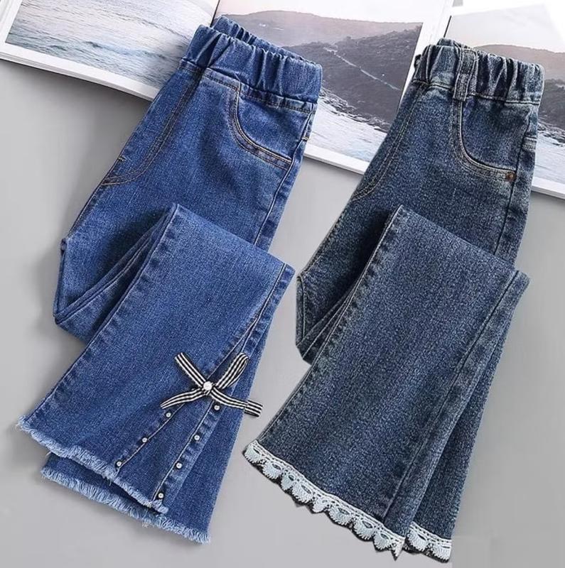 Quần jean bé gái ống loe phối Ren Nơ Kẻ trendy 2025 size từ 18kg - 50kg quần ốngloe cho2k11vừa quan  le gai quần  ống lớp 5 dài nữi cho tuổi 12
