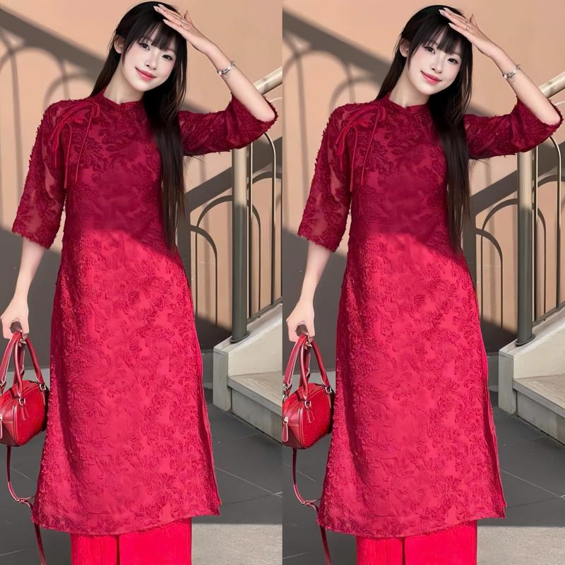  Set bộ áo dài cách tân áo ren 2 lớp cổ tròn đính nơ tay lở kèm quần lụa dài ống suông xinh xắn dể thương dành cho các nàng diên đi chơi đi tết. Women top 