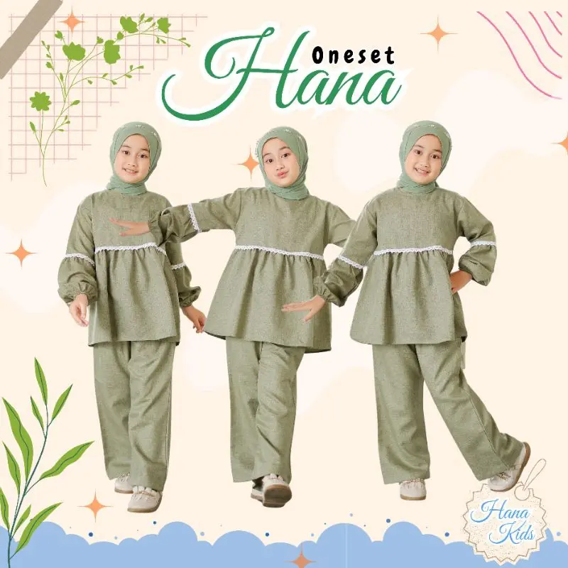 ONE SET HANA/ONE SET ANAK PEREMPUAN/SETELAN ANAK PEREMPUAN/PAKAIAN MUSLIM WANITA/ PAKAIAN MUSLIM ANAK PEREMPUAN