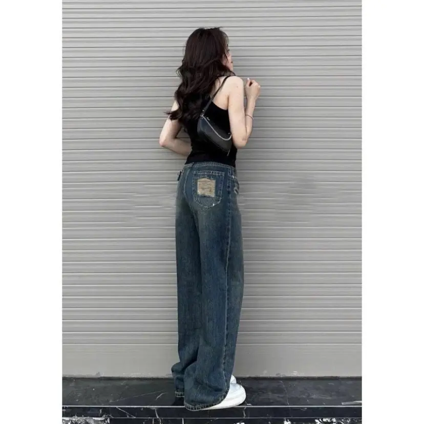 Quần jeans xuông nữ ống rộng rách túi sau hai màu đậm nhạt thích hợp với nấm lùn Pants | BigBuy360 - bigbuy360.vn