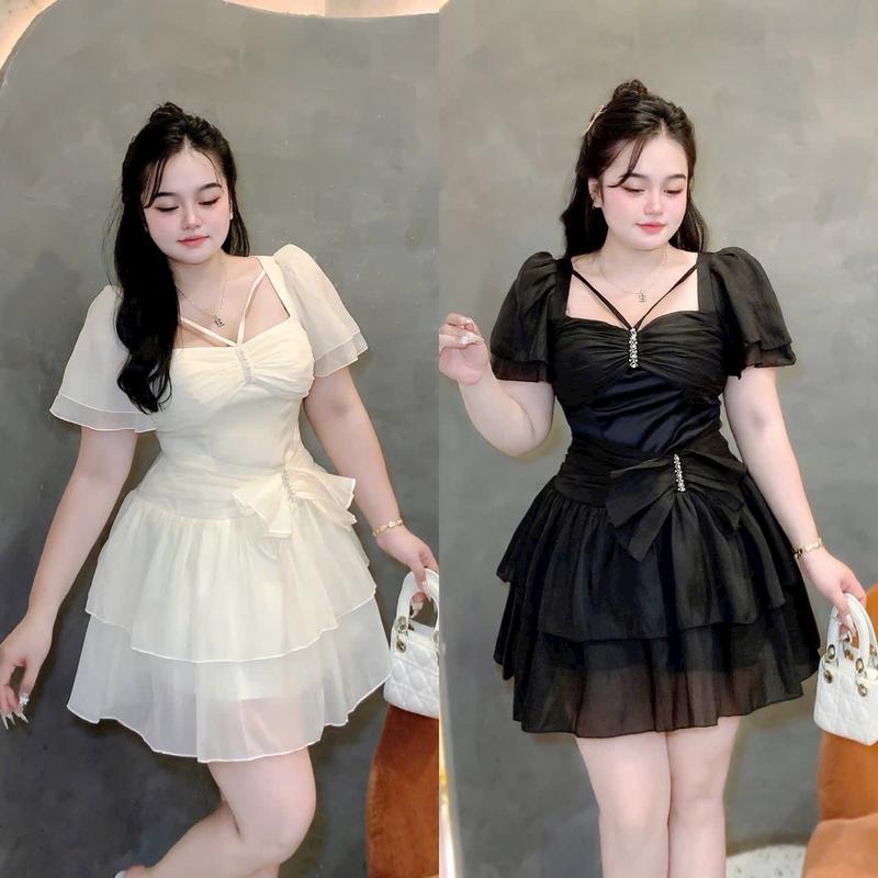   Kèm Quần BH  Đầm Voan Tơ Đính Ngọc Cao Cấp từ 60 đến 90ký Chất Vải Voan Tơ 2 màu Đen  Kem Để Đi Tiệc Hoặc Đi Chơi 