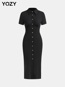 YOZY Women's Plain Button Ribbed Dress, Casual Slim-fitting Short Sleeve Dress for Daily Wear, Ladies Clothes for Summer, Womenswear