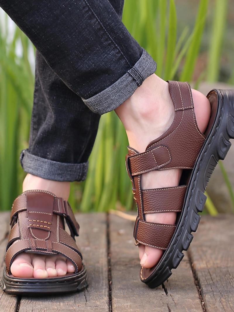 Product Introduction of Men's Casual Plain Color Velcro Sandals, Fashionable Round Toe Sandals for Summer, Lightweight Breathable Non-slip Sandals for Outdoor 12
