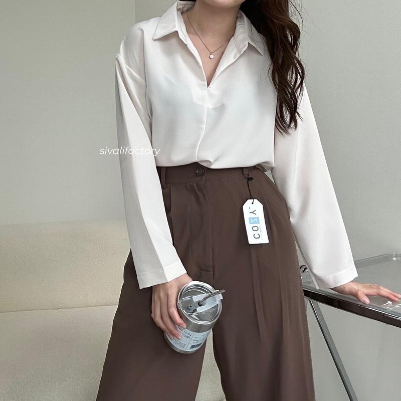 SIVALI Minji Shirt | Basic Loose Office Shirt - Kemeja Wanita Kantor Atasan Baju Anti Kusut Panjang Tebal Polyester Silk Formal Oversize Formal Oversize Kerja Hitam Casual 4