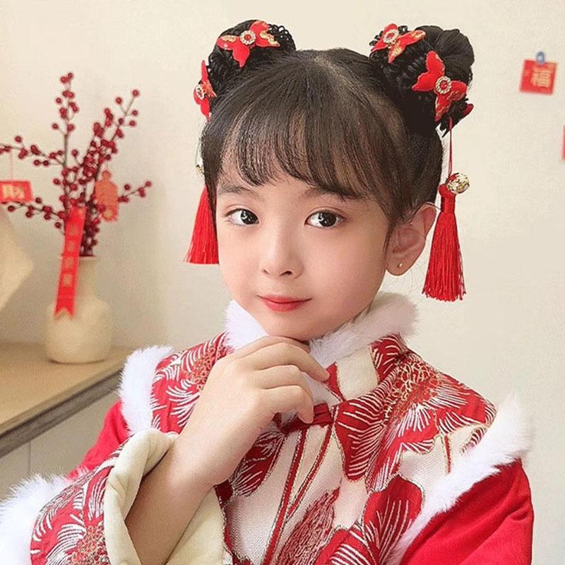 Product Introduction of Tóc Giả Trẻ Em, Phụ Kiện Tóc Scrunchies Bóng Tua Rua, cài tóc Cô Gái Năm, Phong Cách Cổ Trang Mới, C4J1 24