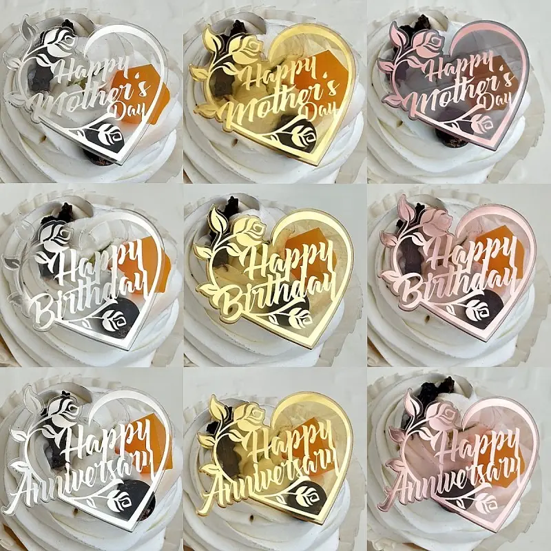 Hiasan Kek Cawan Hati, Gaya Ins, Tema Selamat Hari Lahir dan Selamat Hari Ibu, Bahan Akrilik, Sesuai untuk Menghias Kek Ulang Tahun dan Membakar, Alat Membantu, Bekalan Parti