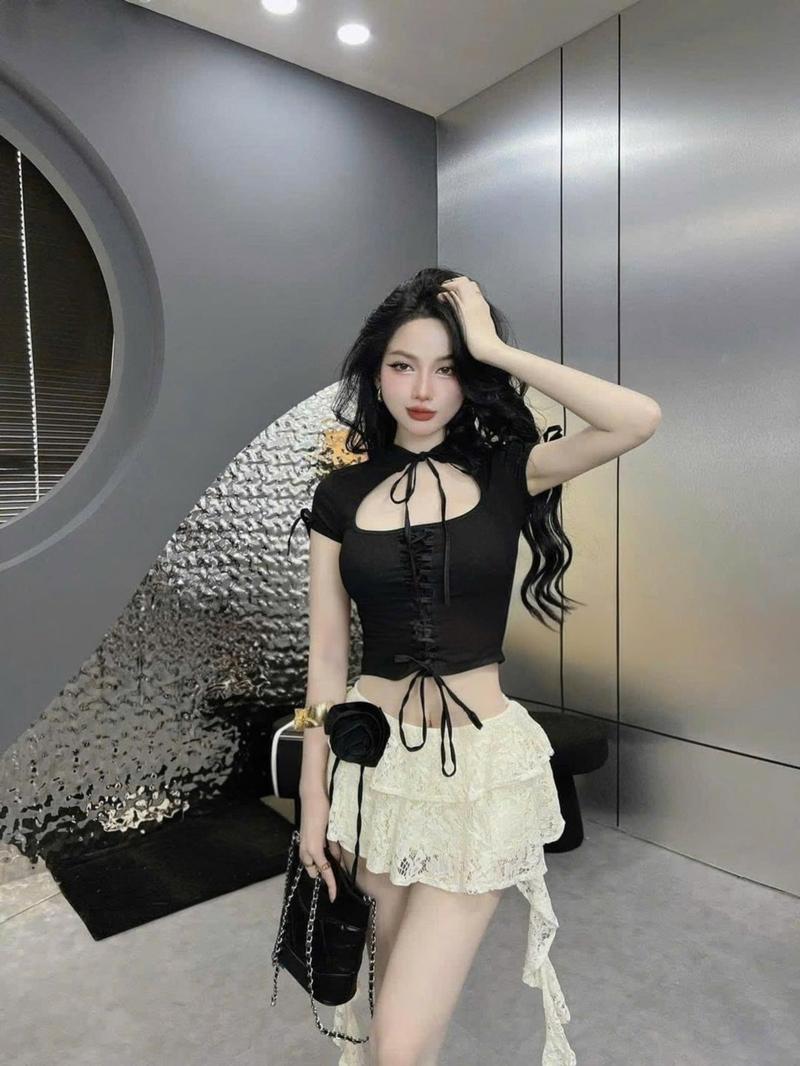 Product Introduction of [SB43] Sét bộ nữ 2 món áo tay ngắn đan dây và chân váy ren tua rua có quần bí trong Nữ Women Voi Thun Top Sen 16