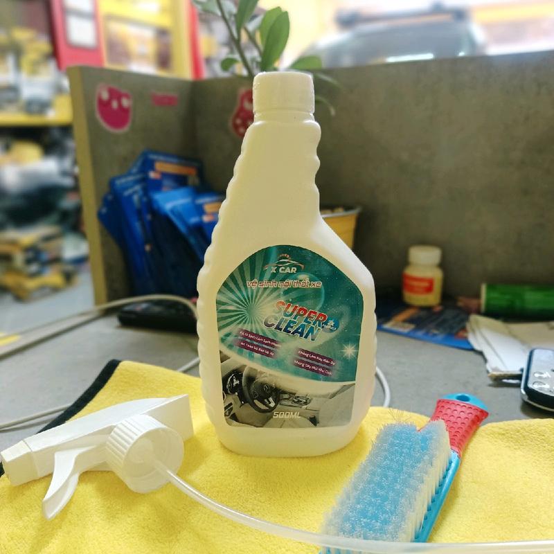 X-car Bộ chai vệ sinh nội thất xe ô tô đa năng super Clean 500ml làm sạch ghế da đồ da +1 bàn chải+1 khăn Hàng an toàn + bảo vệ nội thất