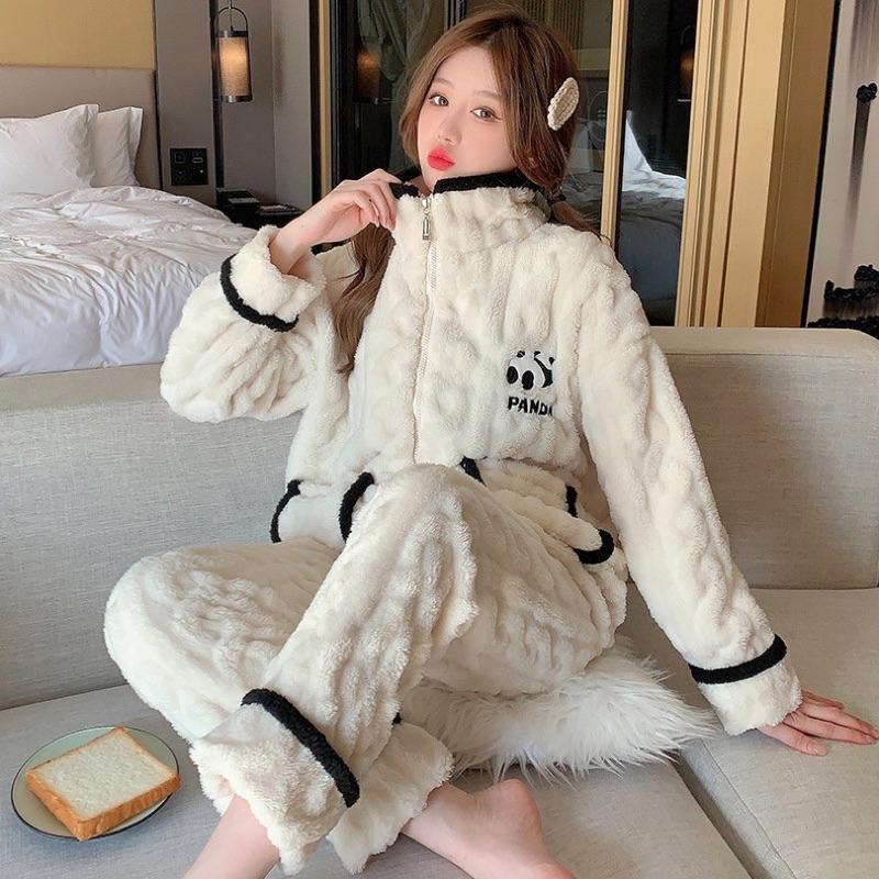 Bộ Đồ Ngủ Bông FreeSize , Bộ Bông Nỉ PANDA/ NƠ NHỎ Trắng Giữ Nhiệt Bo Gấu Mặc Nhà Siêu Ấm 175 LILIRIA