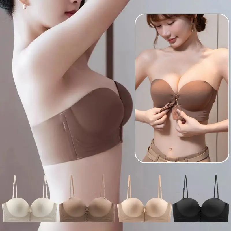 Front Buckle Tube Top Style Bra For Women Detachable Spaghetti Straps Small Breasts Gathering Bralette Seamless Non-slip Invisible Lady Brassiere