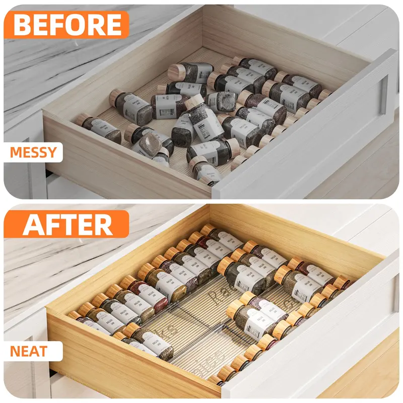 Expandable Acrylic Spice Drawer Organizer, 2 Sets 4 Tier Clear Kitchen Seasoning Rack, Kitchen Storage Organizer for Home Dining Room 2