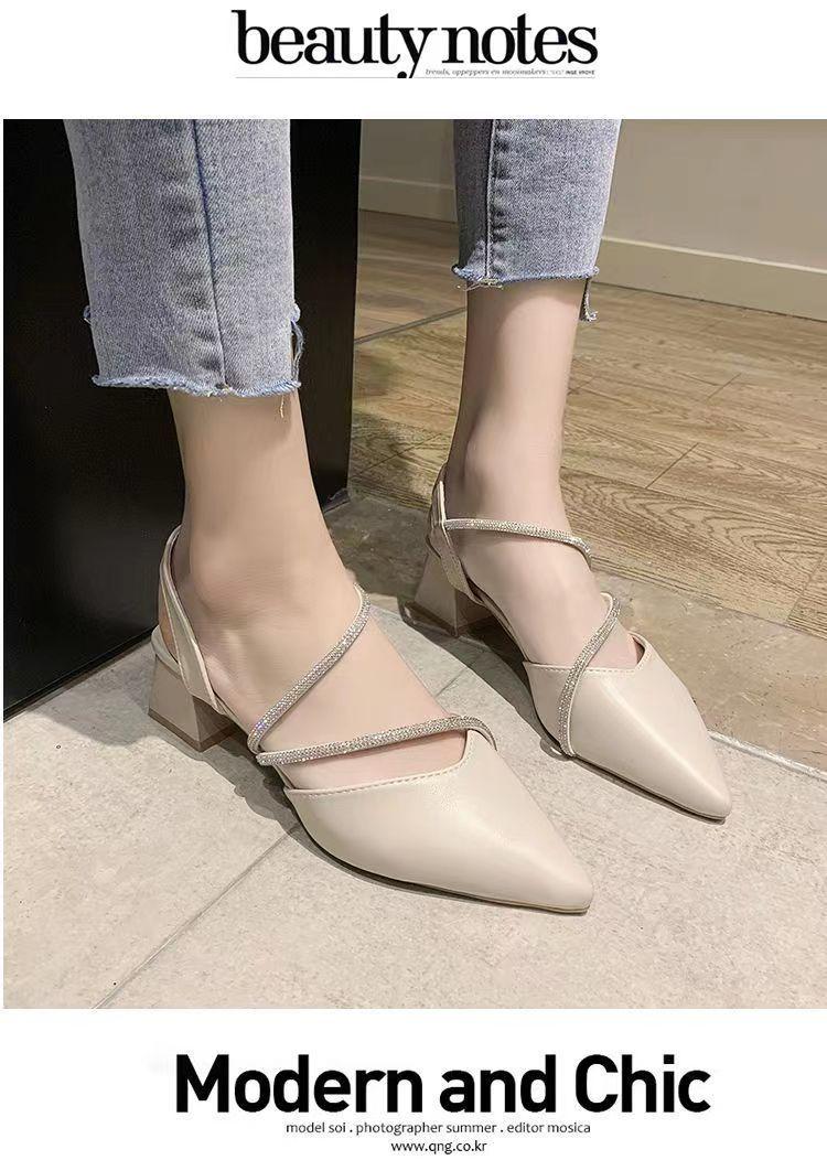 Product Introduction of Women's Sandals Summer Mid Heel Pointed Toe Pumps Closed Toe Chunky Heel Rhinestone Women's Shoes Word Buckle High Heels 7