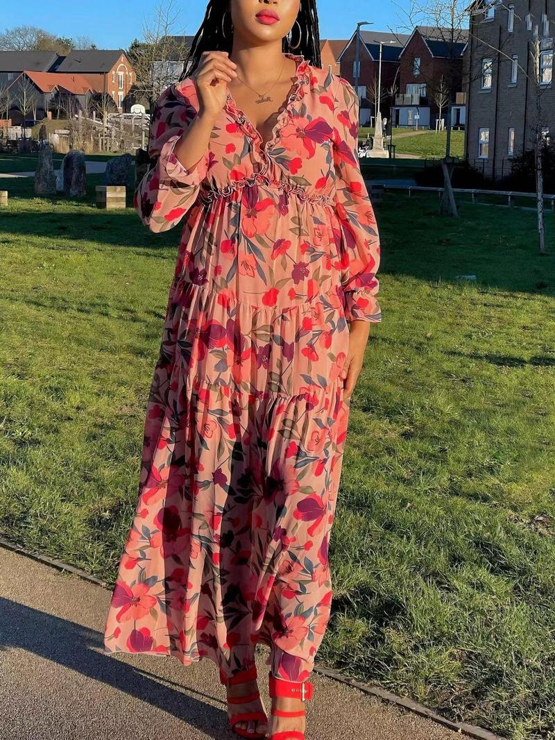 Product Introduction of Plus Size Floral Print Frill Chiffon Dress, Boho Elegant Ruffle Hem Flounce Sleeve A Line Dress for Holiday Vacation, Dresses for Women, Women's Clothes for All Seasons, Ditsy Floral Dress 4