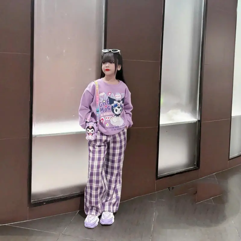(MS17) SET BỘ NỈ DA CÁ IN HÌNH KUROMI, ÁO + QUẦN ỐNG XUÔNG KẺ CARO CHO BÉ GÁI DỄ THƯƠNG , SIZE 10-44 KG quần áo  cho bé gái 4