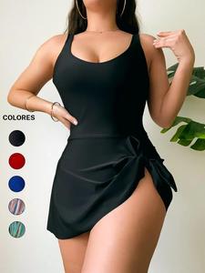 Bañador sin mangas con nudo y fruncido asimétrico en color liso para mujer, bañador de una pieza sin mangas con correa ajustable para vacaciones en la playa, ropa de verano para mujer