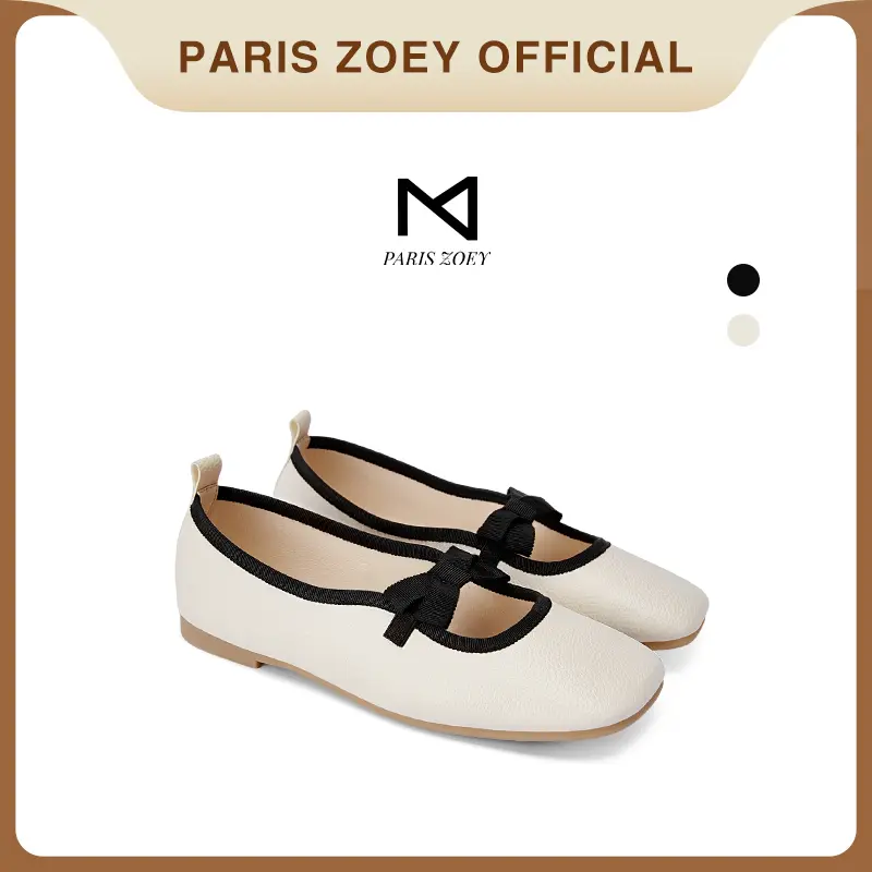 Paris Zoey Giày nữ búp bê vuông nữ phong cách pháp giày nữ màu trắng gạo Shoes（Nên chọn lớn hơn một cỡ) Giày Bệt