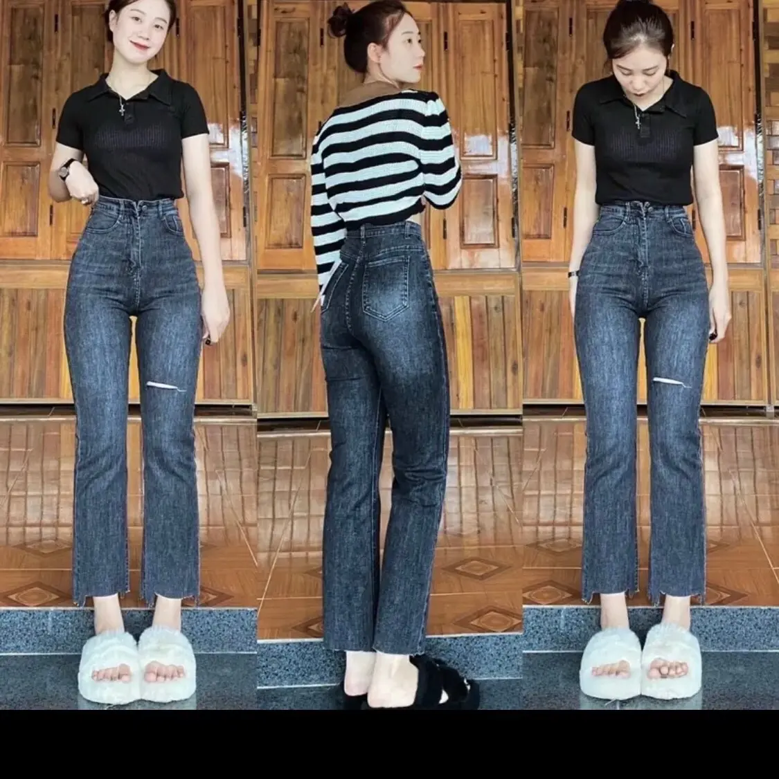 Quần xám ống đứng rách kiểu lưng siêu cao Có giãn Cá tính  dài 95cm  Women Nữ