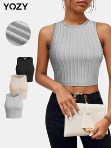 YOZY Jacquard Crop Tank Top, Casual Sleeveless Round Neck Top, 2024 Women's Daily Wear for Summer