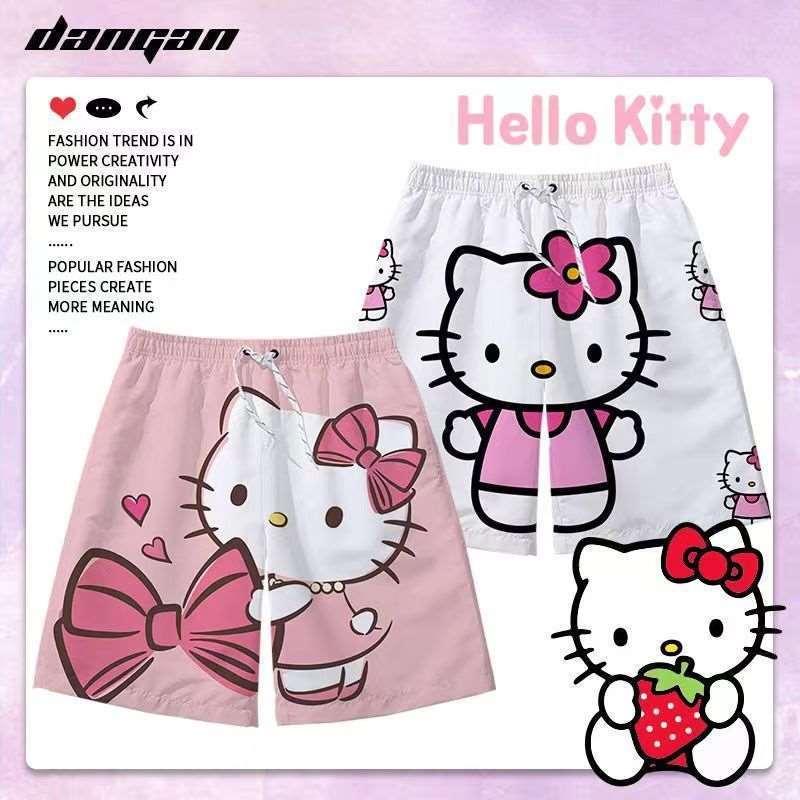 Bộ Đồ Ngắn, HELLO HELLO HELLO HELLO HELLO HELLO Thiết Kế Hình Kitty, Dành Cho Nam Và Nữ, Thời Trang, Thích Hợp Mặc Cặp Đôi, Quần Soóc Đi Biển, Năm 2024 3