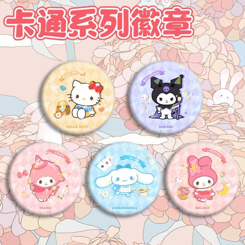Huy hiệu hologram lấp lánh cài áo cài túi xách hình tròn mạ thiếc hoạt hình Sanrio Kuromi Melody Cinnamoroll Kitty 0
