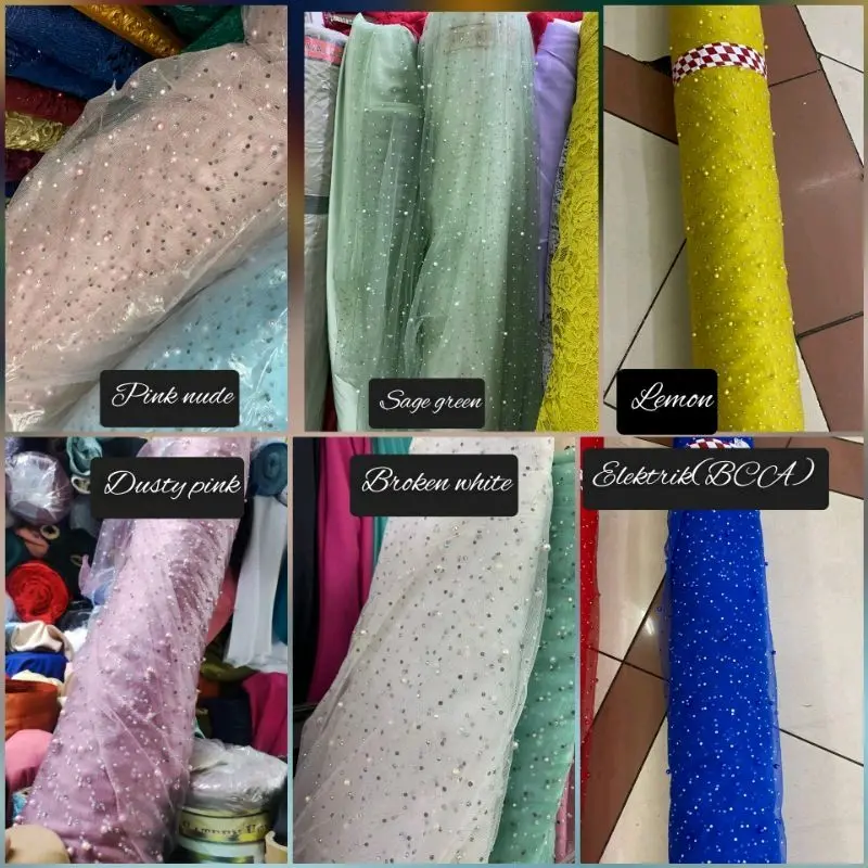 Kain Tile Swarovski Mutiara Payet - Tile Swarovski Premium / Kain Tile Meteran Mewah /Soft Tulle Mutiara Payet Diamond Swaroski/ Kain Tule Tile Brukat Brokat Mewah 5
