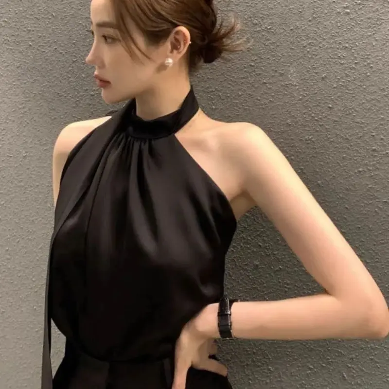 Quần Áo Nữ, Thời Trang Và Đẹp Mắt, Áo Sơ Mi Trắng, Thanh Lịch Mùa Hè Cho Nữ, Thiết Kế Streamer Cổ, Luster Satin, Áo Vest Không Tay Dáng Rộng, Hai Dây, Dành Cho Nữ 1