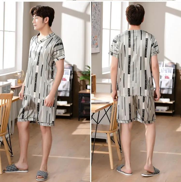 Product Introduction of Men's Pajamas Summer Fashion V-Neck Thin Ice Silk Short-Sleeved Shorts Nightie Two Piece 2024 New Boys Casual Sleepwear Nightie 39