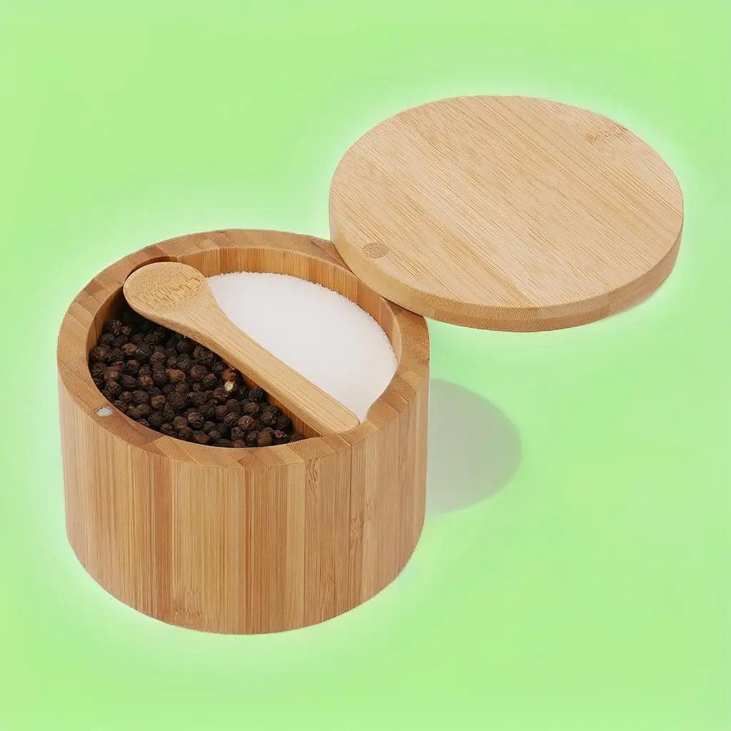 Round Wooden Salt Jar With Spoon & Lid & Non Slip Base, 1 Count Kitchen Accessories Seasoning Bottle, Storage Box For Salt Pepper Sugar, Household Seasoning Utensils For Kitchen
