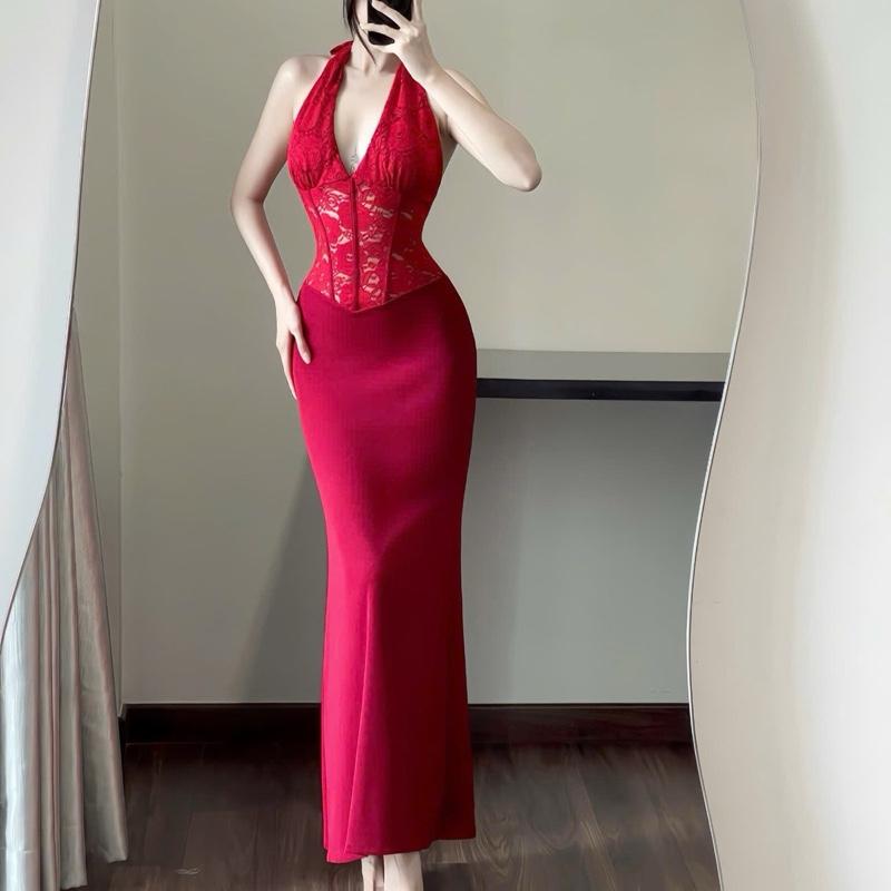 DARLING [L.Studio] Đầm dài cổ yếm phối Ren cao cấp SẴN MUSH ngực, thân váy thun đuôi cá tôn dáng 7