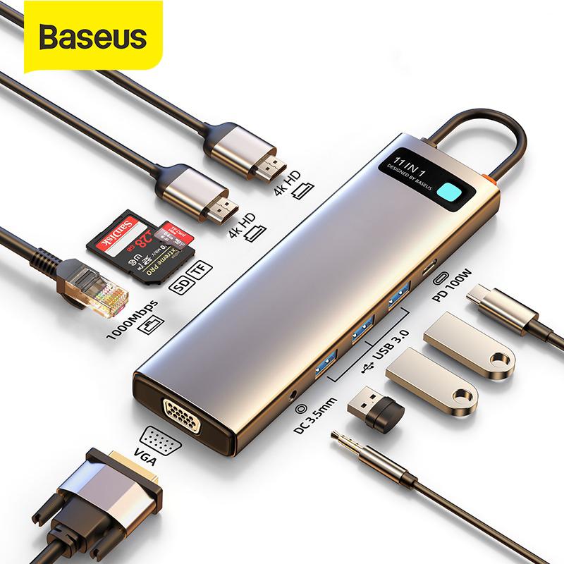 Baseus USB C HUB to HDMI-compatible VGA USB 3.0 Adapter 9 in 1/11 in 1 USB Type C HUB Dock for MacBook Pro Air PD RJ45 SD Card Reader